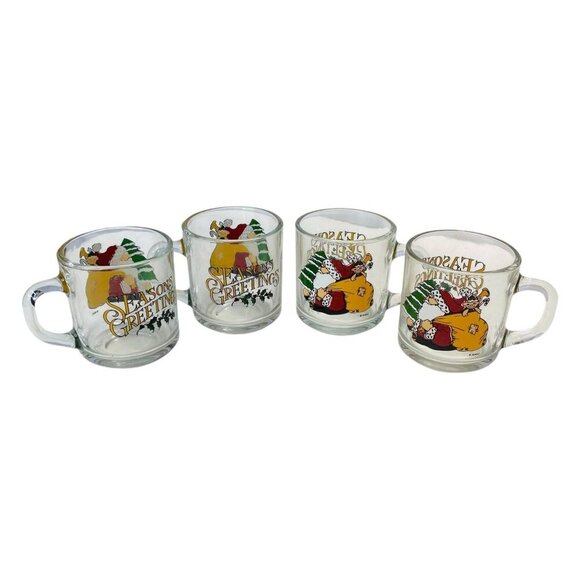 Anchor Hocking Santa Seasons Greetings Christmas Glass Coffee Mugs Cups 4PC Set - Picture 1 of 7